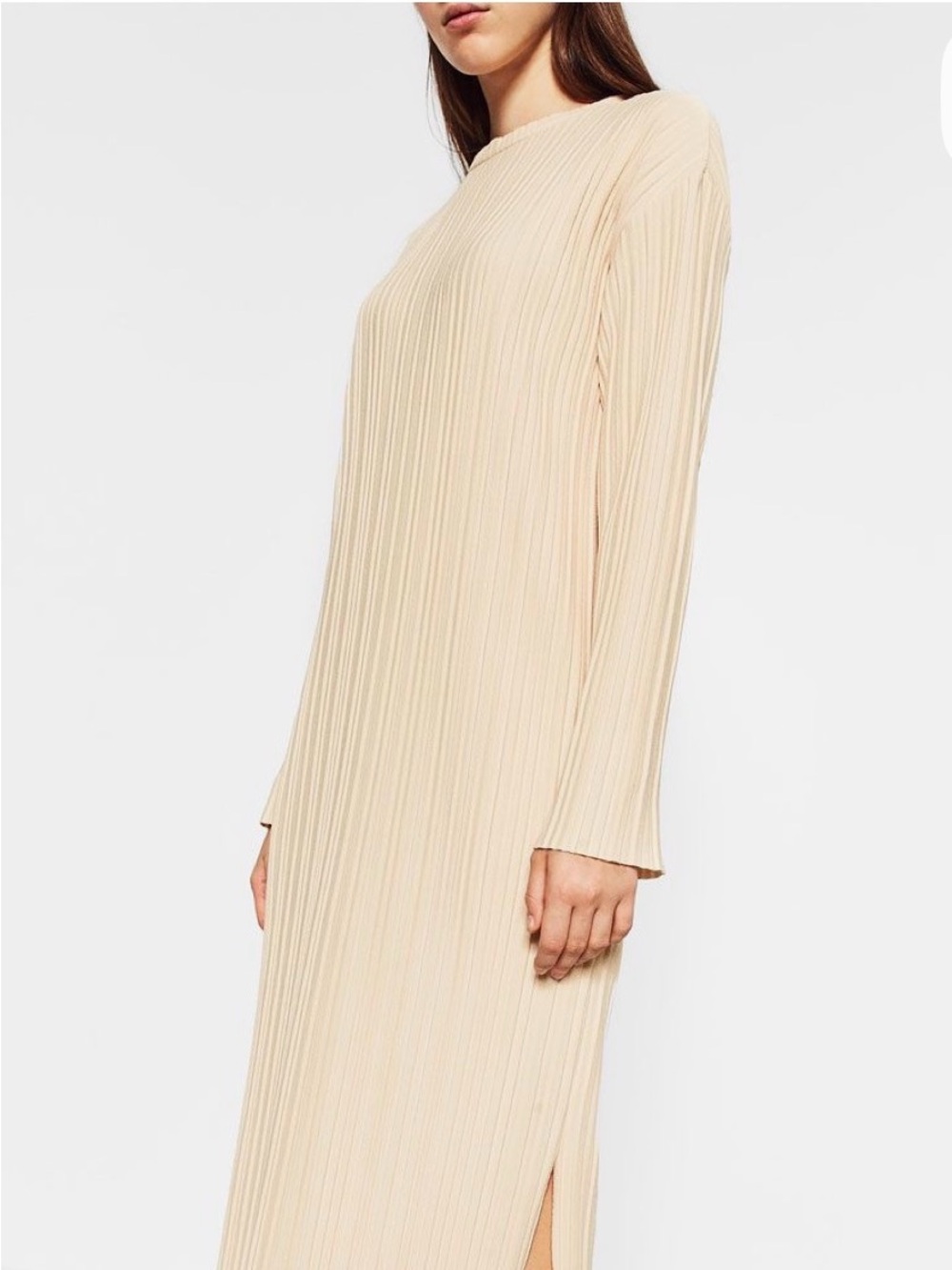 Zara Trafaluc Cream Ribbed Long Sleeve Midi Dress Size S
